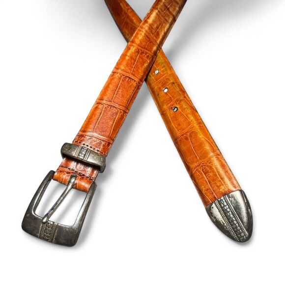 Johnston & Murphy Italian Calfskin Leather Belt Size 42 Tan Brown Croc Embossed - Picture 2 of 8